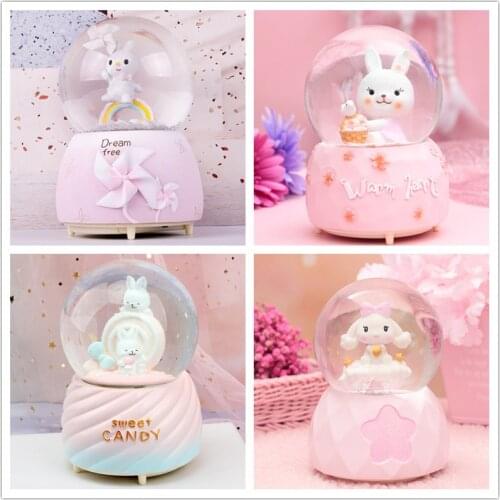 Crystal Ball Music Box Rabbit Birthday Gifts Girls Star Rainbow Glowing Snowflakes Music Box Home Decoration Desktop Ornament