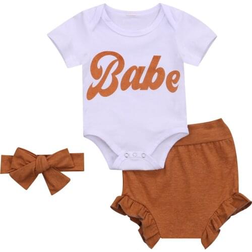 New 3 PCS Girl’s Babe Set Letter Print Crew Neck Long Sleeve Romper Solid Color Short Pants and Hairband Suits