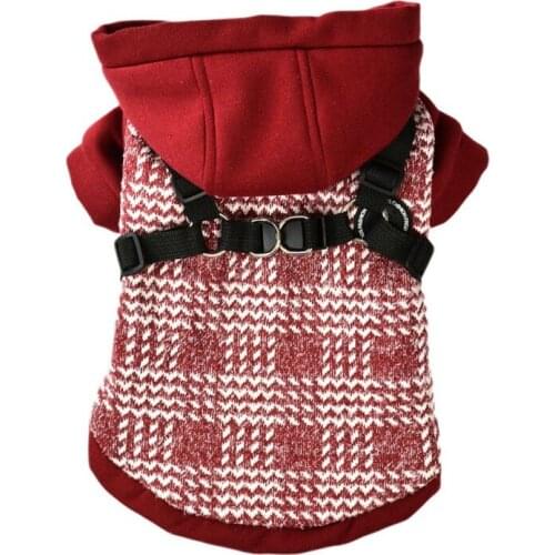 Dog Hoodie Autumn Winter Pet Jacket With Harness Plaid Print Warm Cotton 2-Legged With Button Fine Velvet Dogs Hooded Coat