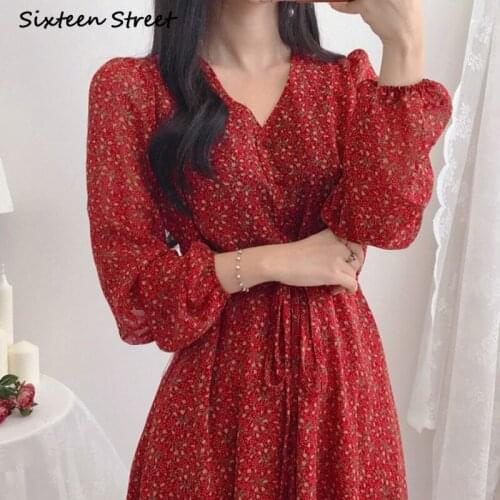 Dresses for Women Design Chiffon Long Sleeve Dress V Neck Printed Dress Vintage Vestido De Mujer Chic Korean Fashion Clothing