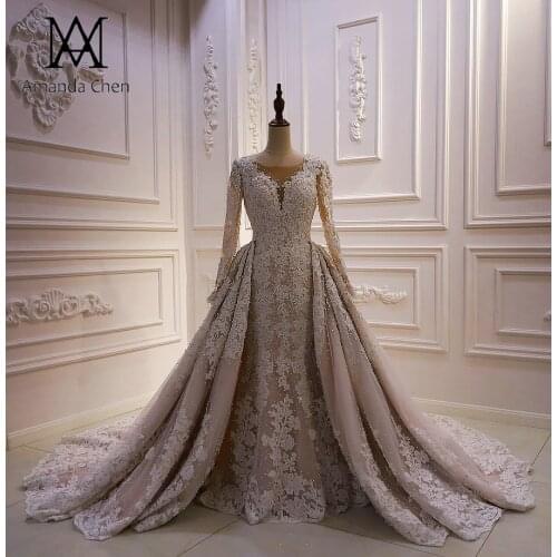 Luxury 2 in 1 Lace Applique Pearls Handwork Detachable Skirt Wedding dress