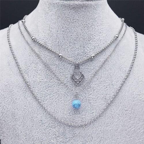 Heart Stainless Steel Blue Natural Stone 3 Layer Bead Necklaces Women/Men Boho Heart Jewelry bijoux femme acier inoxyd NXS04