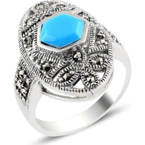 Silver 925 Sterling Turquoise & Marcasite Ring