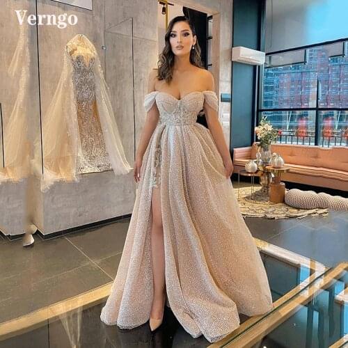 Verngo Glitter Dusty Pink Sequin A Line Prom Dresses Off the Shoulder Sweetheart Slit Long Formal 2021 Evening Party Gowns