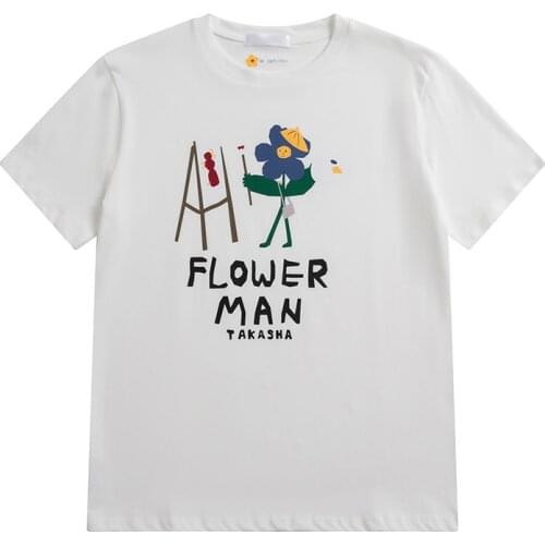 New Fashion Design Womens T-shirt Cotton White Flower Print Shirt Summer Loose Short-sleeved Round Neck Casual Ladies T-shirt