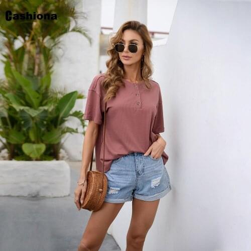 Cashiona Plus Size Womens T-shirt Patchwork Buttons Basic Tops Outfits 2021 New Solid Female T-shirt Summer Casual Pullovers