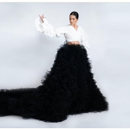 2020 Elegant Black Ruffled Tulle Skirt Floor Length Long Women Skirts With Train Puffy Maxi Tulle Skirt