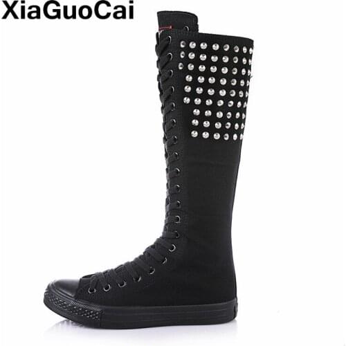 Autumn Winter Woman Boots Rivet High Top Mid-Calf Female Shoes Canvas Footwear Long Boots Side Zipper Fashion High Quality