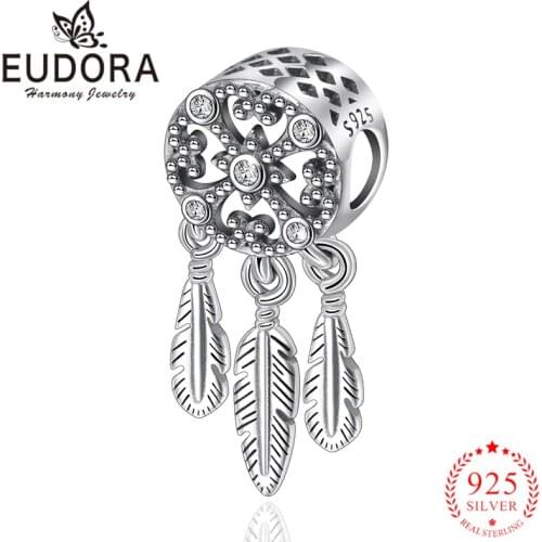 Eudora Genuine 925 Sterling Silver Vintage Dream Catcher Charms Beads fit Women Silver Bracelets DIY Jewelry Making MYXZ171
