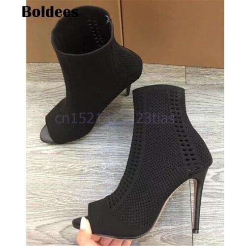 Black Stretch Peep Toe Sock Booties Women Shoes Ankle Boots Cut Out High Heels Shoes Pumps Woman Botines Mujer