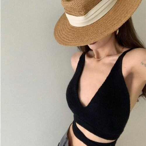 Johnature Sexy Backless V-neck Knitting Camis Tops For Women 2021 Summer New Design Bandage All Match Sleeveless Vests