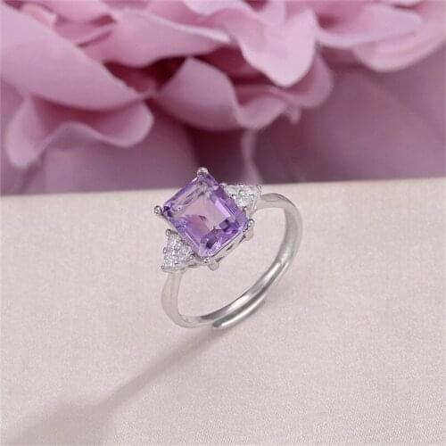 Natural Gemstone Rings For Women Fine Jewelry Amethyst S925 Sterling Silver 9*7mm Adjustable Rectangle Purple Ring R-AM006