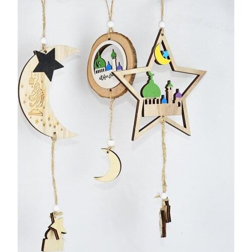 1pc Eid Mubarak Star Moon Wooden Hanging Pendant Ornament Remadan Decoration DIY Islamic Festival Party Home Decor Supplies