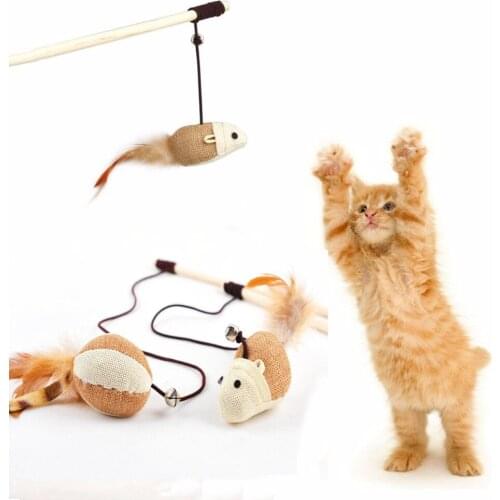 2PCS Fishing Pole Toy Natural Wooden Stick Dangle Mouse Ball With Feather Cat Fake Mouse Interactive Playing Game Elastic Rope