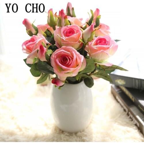 3 Heads Small Roses Artificial Flowers Branch Fabric Fake Flowers Roses for Wedding Party Home Hotel Table DIY Decor Pink Floral