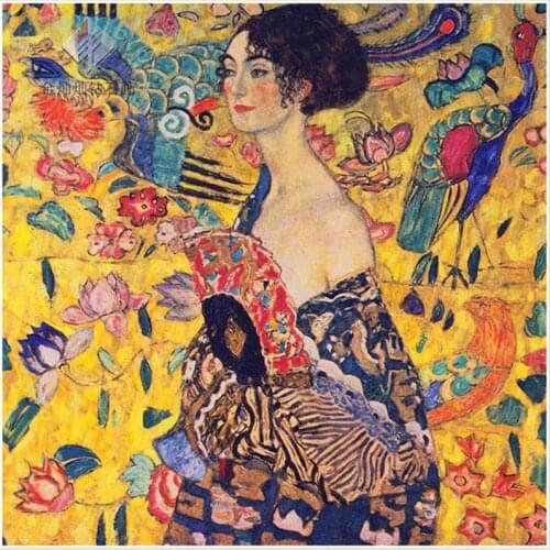 5D DIY Full Round Diamond Painting Gustav Klimt “Lady With Fan” Cross Stitch 3D Embroidery Rhinestone Mosaic Home Decor Art Y496
