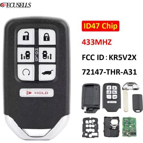 6+1/7 Button Remote Car Key Fob 433Mhz ID47 47 Chip FCC ID: KR5V2X 72147-THR-A31 for Honda Odyssey 2018 2019 HON66 Uncut Blade
