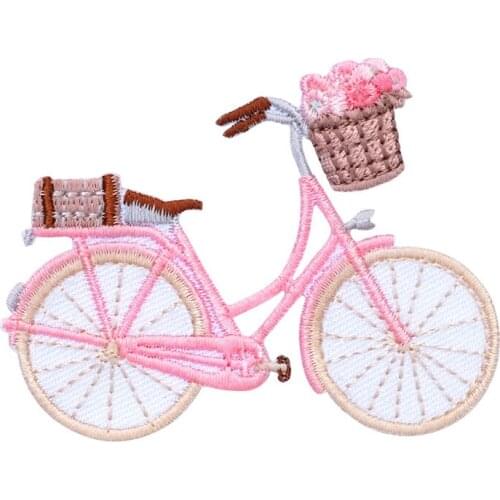 1pc Pink Bike Applique Embroidered Iron on Patches For Clothes Bag Cap Shoes Fabric Sticker Badge Diy Craft Repair Decorative