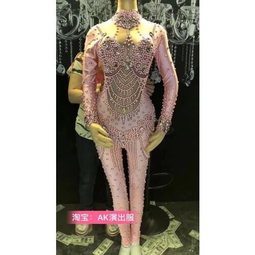 Bling Glass Diamond Skinny Elastic Bodysuit Pink Pearl Crystals Jumpsuit Bar Female Singer Stage Costume Birthday Party costumes