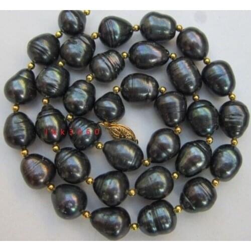 11-13MM AAA+ TAHITIAN BLACK NATURAL DROP PEARL NECKLACE YELLOW CLASP 18"