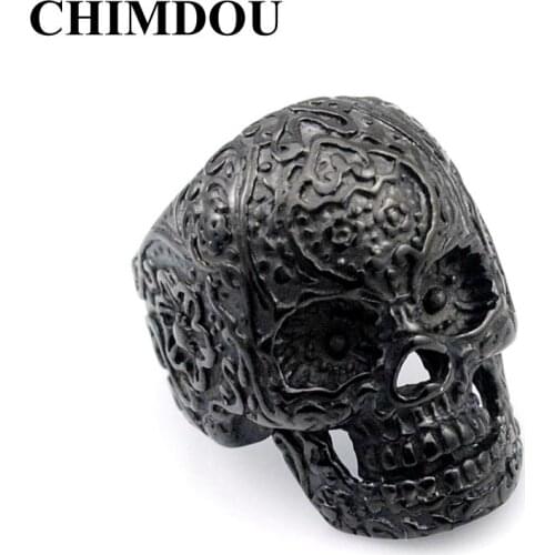 CHIMDOU Cool Black Skull Ring Men Stainless Steel Jewelry 2018 New Fashion Hip Hop Rock Style, Drop shipping AR373