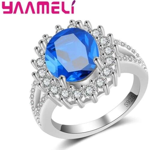 For Wedding 925 Sterling Silver Rings Girl Jewelry Super Flash Big Blue Round Cubic Zirconia Clear Engagement Anel