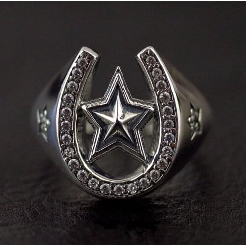 Thailand imported, mens lucky five-star horseshoe 925 sterling silver ring free shipping