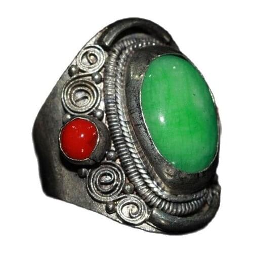 Chinese Old Craft Old Tibetan Silver Inlaid Green Jade Ring