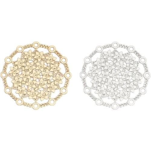 DoreenBeads Fashion Iron Based Alloy Filigree Stamping Connectors Round Silver Color Gold Flower DIY Charms 29mm Dia, 10 PCs