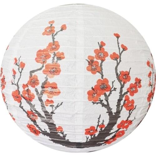 Red Cherry Flowers Paper Lantern White Round Chinese Japanese Paper Lamp for Home Wedding Party Decoration