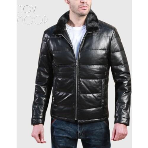Novmoop Smart casual slim style mink fur collar sheepskin genuine leather mens down jacket piumino da uomo doudoune LT2835