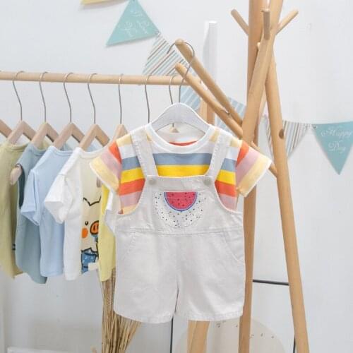 Summer Toddler Kids Sets Casual Color Striped Short Sleeve T-shirt Overalls for Boys Baby Girl 2pcs Children Clothing 1-6 Years