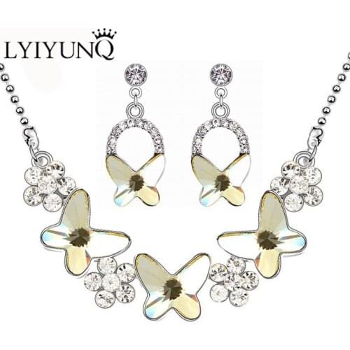 LYIYUNQ Trendy Butterfly Crystal Long Earrings Pendant Necklace Jewelry Set Europe and America Wedding Jewelry Sets For Women