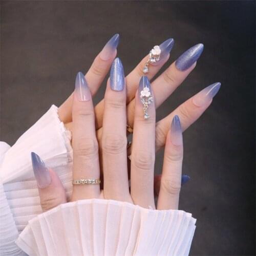 24 PCS Set Glitter Ombre Blue 3D Flower Rhinestone Press on Fingernail Long Stiletto Fake Nails with Glue SXY-44