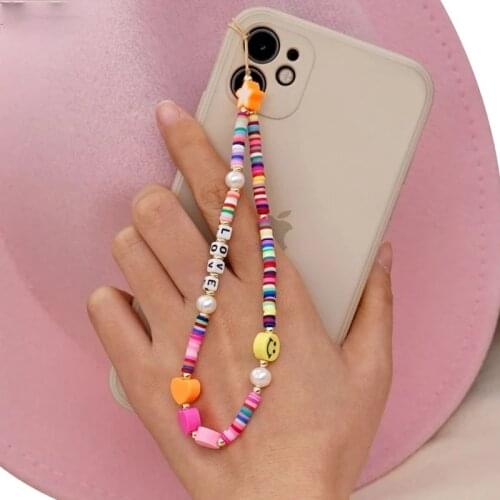 2021 New Mobile Phone Strap Lanyard Bohemia Colorful Smile Pearl Soft Pottery Rope Chain Phone Case Hanging Cord for Women Gift
