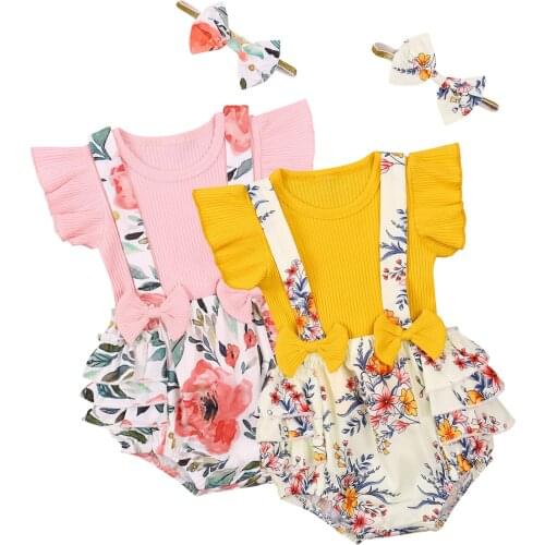 Newborn Baby Girl Floral Clothes Ruffle Flying Sleeve Ribbed Tops T-Shirt +Suspender Shorts+Headband Summer Outfits