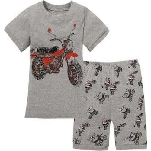 Grey Boy Pajamas Clothes Suit Summer Short Racing Motorcycle Children Pjs Tee Shirt Pant 2-Pieces Sleepwear Kids Tops 2-7 Years