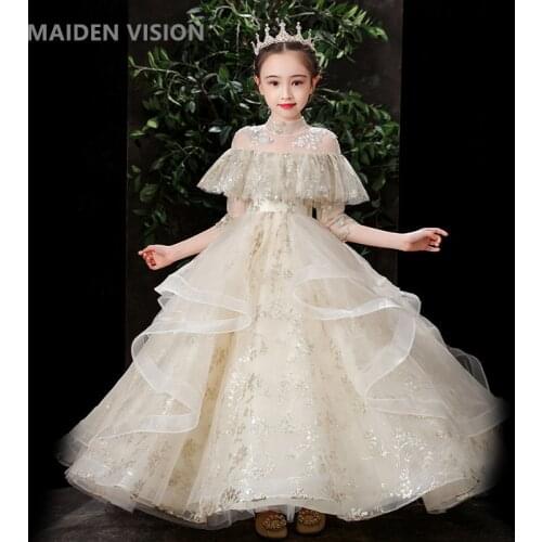Champagne sequin embroidery Teenagers opening ceremony Kids Wedding Long Girl Dress elegant Princess Party Pageant Formal Dress