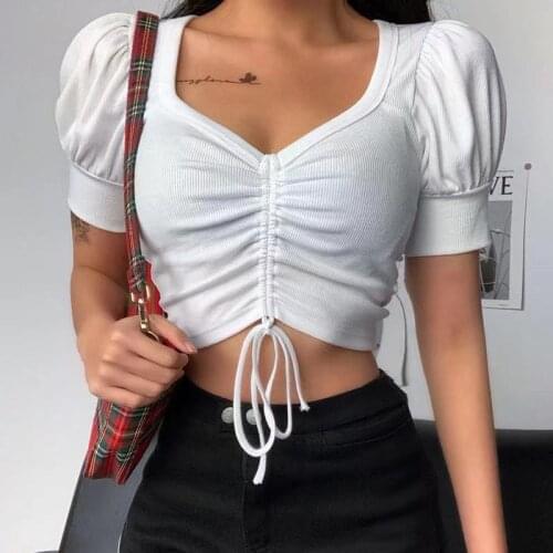 2021 Ribbed Sexy Cropped Tops Women V Neck Long Sleeve Shirt Summer Casual Skinny Slim Basic Tops Soild Color Crop Tops Female