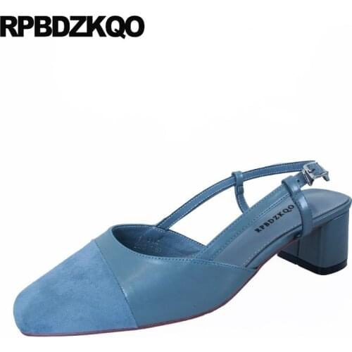 Comfortable thick suede women shoes 2019 spring chunky closed toe square blue designer sandals korean slingback ladies strap
