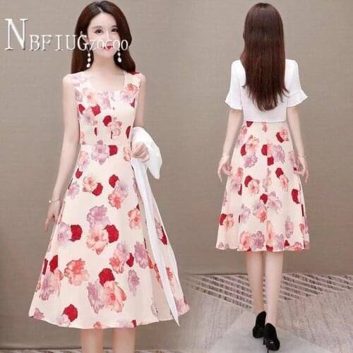 Flower Printed Chiffon Dress 2021 Summer New Fashion Women Sets Sunscreen Blouse And Dress Female Sets