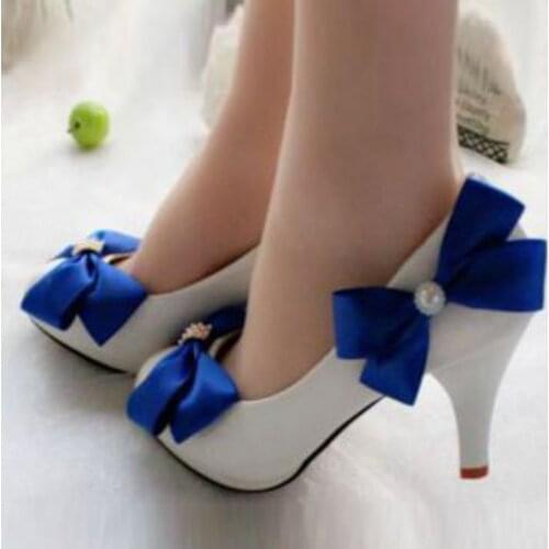 Round toes platforms blue bow wedding shoes handmade plus size low high heels blue butterfly-knot brides bridesmaid party shoes