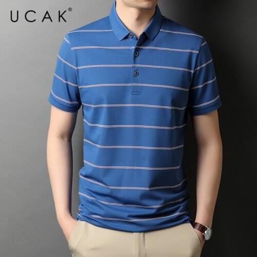 UCAK Brand Classic Turn-down Collar Striped T Shirt Men Clothes Summer Fashion Tops Streetwear Casual Soft Tshirt Homme U5484