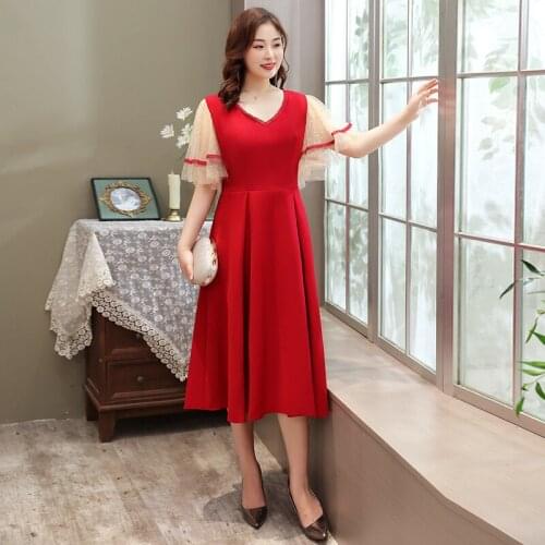 Evening Dress V-Neck Pleat Short Sleeves Simple Empire Elegant Tea-Length Zipper Back A-Line Plus Size Women Formal Gowns D1203