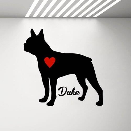 Vinyl Dog Wall Decals Custom Name Boston Terrier Decal Personalize Dogs Name Wall Sticker Pet Dog With Red Heart Art Mural C267
