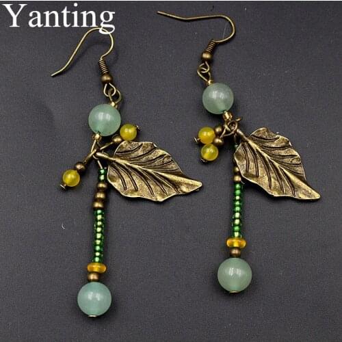 Yanting ancient copper color leaf earrings aventurine beads vintage earrings for women Bohemian long earings beach jewelry gift