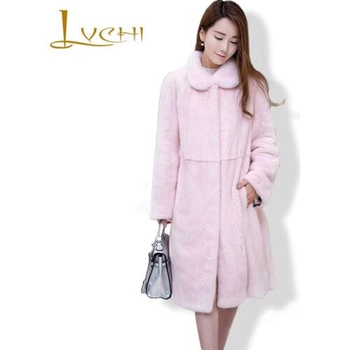 LVCHI Women tunic fashion mink coats Genuine Leather Mink Fur Mink fur coat from natural fur polo collar Preppy style pink coat