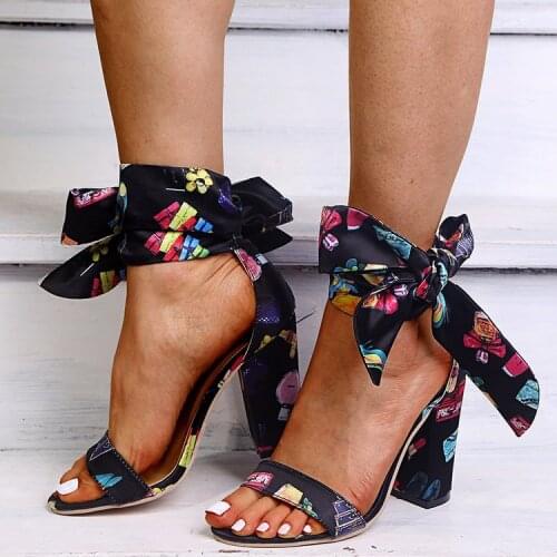 2021 Women Summer Sandals Bowknot High Square Heel Open Toe Leather Heels Pumps Shoes Female Fashion Gladiator Ankle Strap