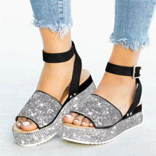 Women Crystal Platform Sandal 2021 Woman Bling Buckle Metal Shoes Summer Female Wedges Ladies Beach Footwear Slides Plus Size 43