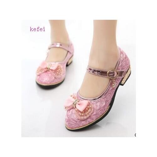 2019 new girl lace bow tie princess shoes shoes spring and autumn flat shoes ballerina rose gold casual shoes size 27-37